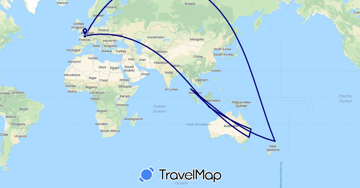TravelMap itinerary: driving in Australia, France, Indonesia, New Zealand, Thailand (Asia, Europe, Oceania)